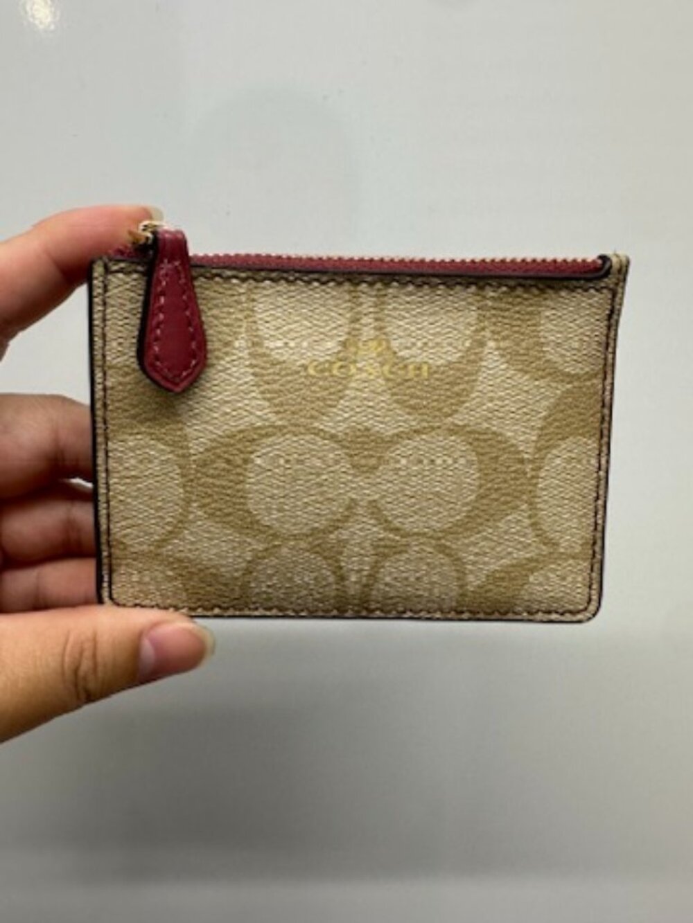 NWT! RARE! Coach F16107 Women Signature Mini Skinny ID Case In Light Khaki Rouge